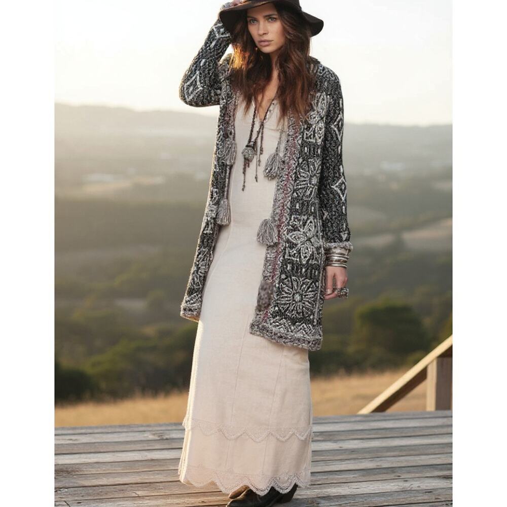Free People Boho Cardigan Knit Sweater Kai Pom Pom Women's S Brown Black Red